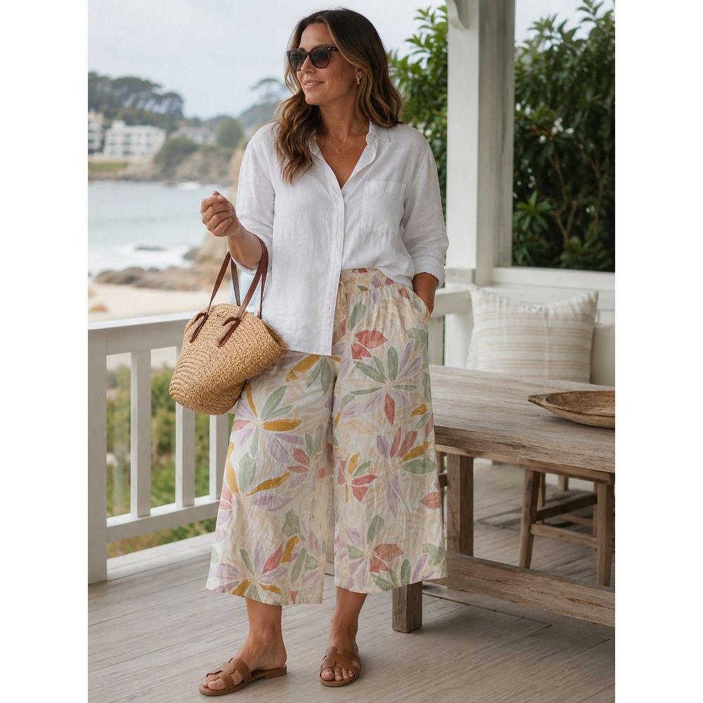 Nicole Miller New‎ York 100% Linen Wide Leg Pants Womens L Floral Boho Coastal
